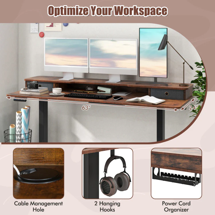 Eletriclife 63 Inch x 24 Inch Electric Standing Desk with 2 Drawers