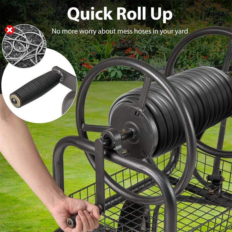 Eletriclife Heavy Duty Metal Garden Hose Reel Cart Holds 300FT of 5/8" Hose Capacity with Wheels & Storage Basket