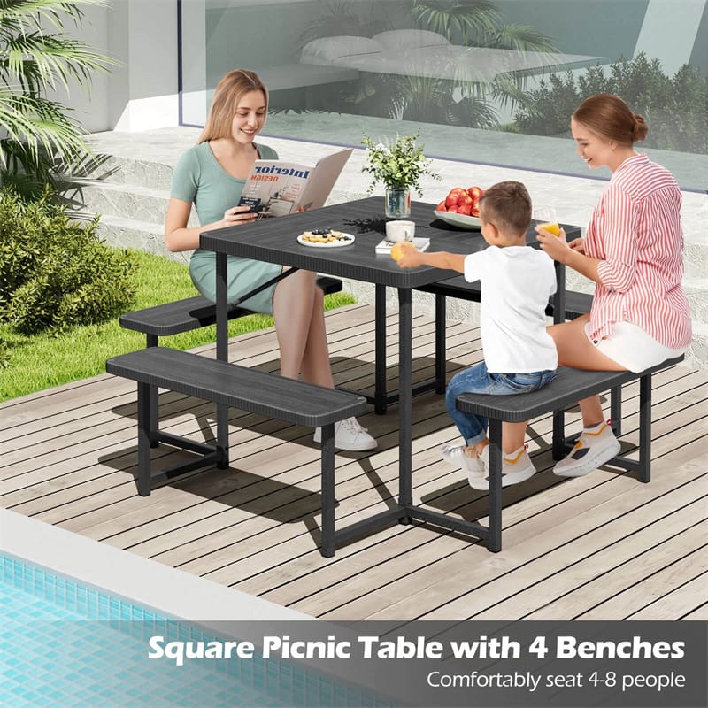 Eletriclife 4-8 Person Outdoor Picnic Table Bench Set All-Weather HDPE Square Tabletop with Umbrella Hole for Patio Backyard