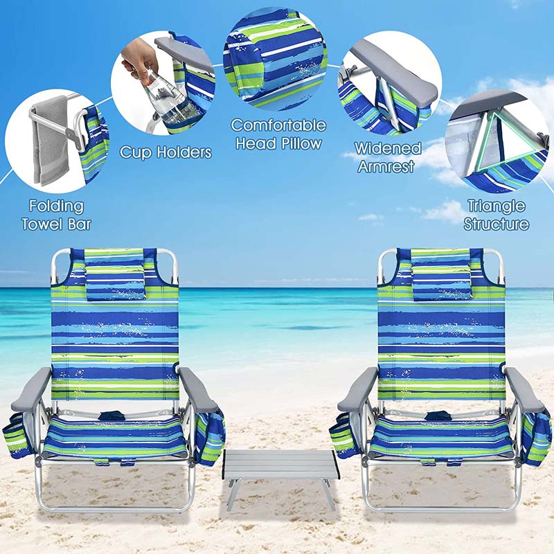 Eletriclife 2 Pack 5-Position Folding Backpack Beach Chair and Table Set