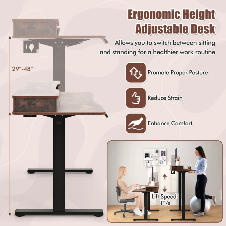 Eletriclife 63 Inch x 24 Inch Electric Standing Desk with 2 Drawers