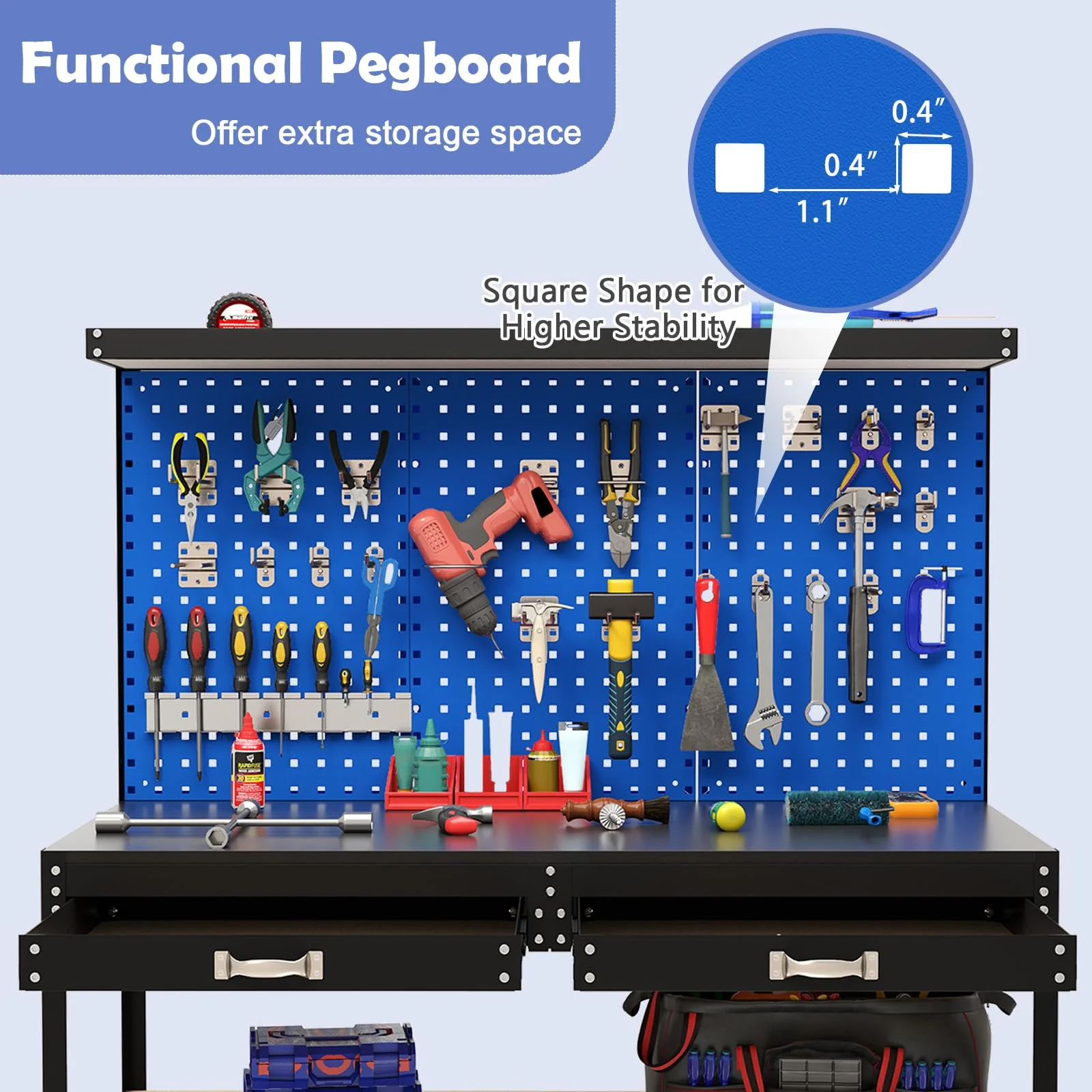 Eletriclife 48 x 24 Inch Workbench Work Table with Pegboard Drawer and Shelves