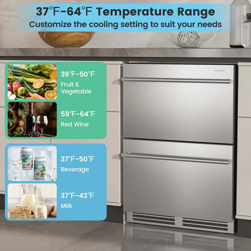Eletriclife 24 Inch Under Counter Dual Drawer Fridge with 37 H-64 H Temperature Range