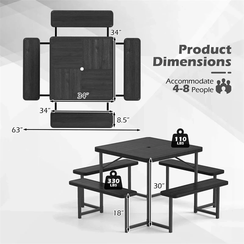 Eletriclife 4-8 Person Outdoor Picnic Table Bench Set All-Weather HDPE Square Tabletop with Umbrella Hole for Patio Backyard