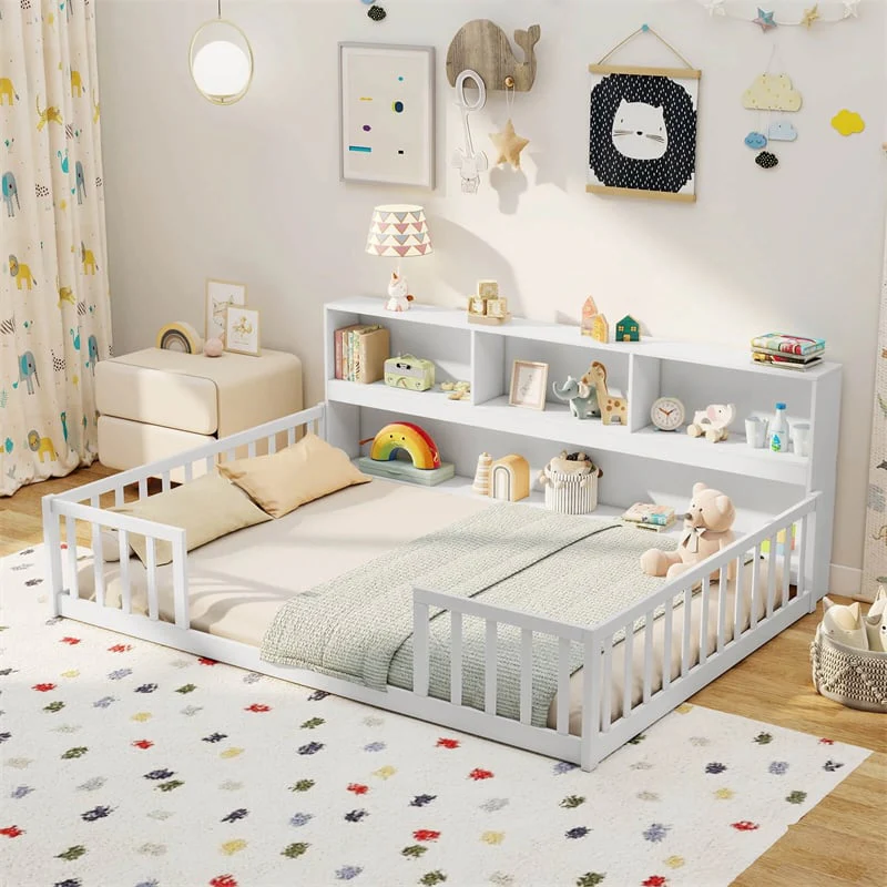 Eletriclife Full Size Montessori Floor Bed with Bookcase & Storage Shelves for Kids