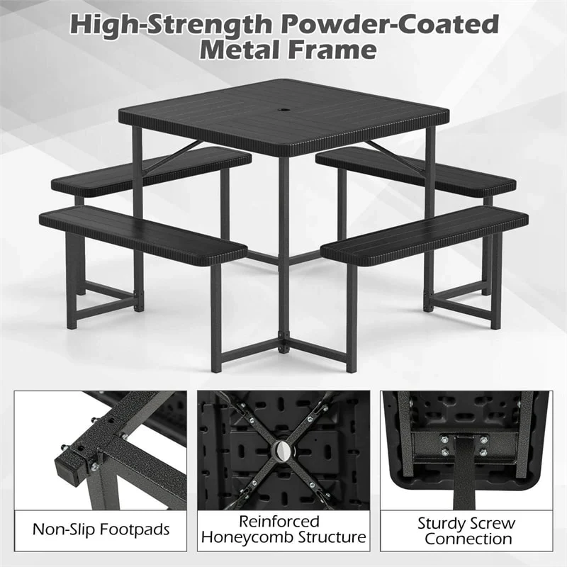 Eletriclife 4-8 Person Outdoor Picnic Table Bench Set All-Weather HDPE Square Tabletop with Umbrella Hole for Patio Backyard
