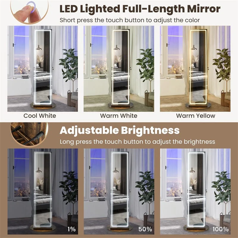 Eletriclife 360   Swivel Jewelry Cabinet Armoire with Full Length Mirror & 3-Color LED Lights