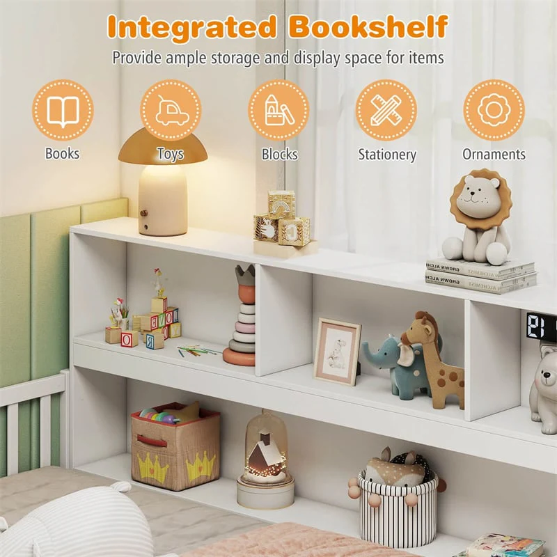 Eletriclife Full Size Montessori Floor Bed with Bookcase & Storage Shelves for Kids