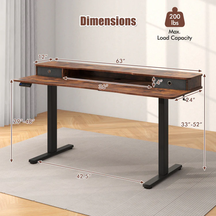 Eletriclife 63 Inch x 24 Inch Electric Standing Desk with 2 Drawers