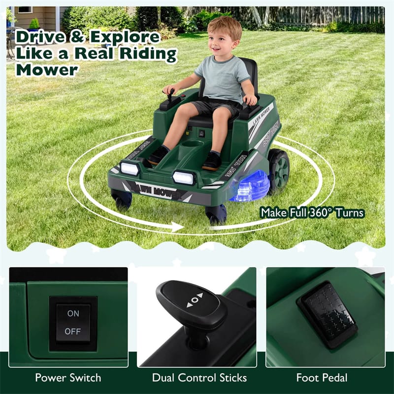Eletriclife 12V Kids Ride-On Lawn Mower with 360   Twist & Turn, Dual Control Sticks, LED Lights for Toddlers Aged 3-8