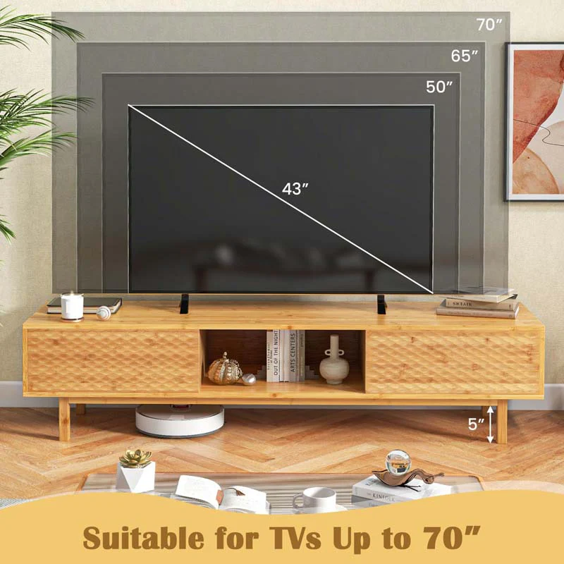 Eletriclife 63 Inches Mid Century Modern Bamboo TV Stand with Sliding Doors