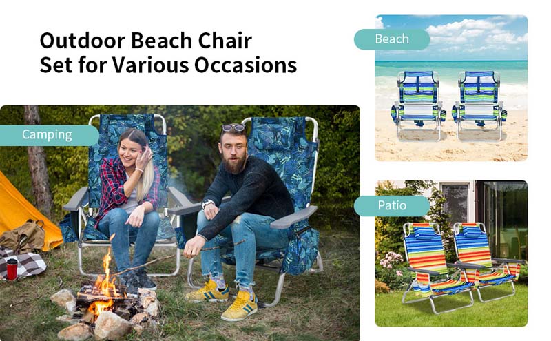 Eletriclife 2 Pcs Folding Backpack 5-Position Beach Chair with Pillow