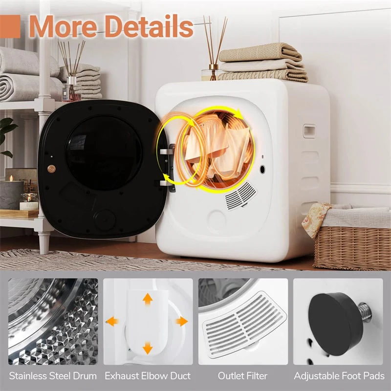 Eletriclife 1.5 cu.ft Portable Clothes Dryer 800W Compact Vented Tumble Dryer with Stainless Steel Tub & LED Touch Panel