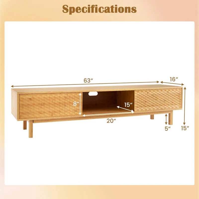 Eletriclife 63 Inches Mid Century Modern Bamboo TV Stand with Sliding Doors