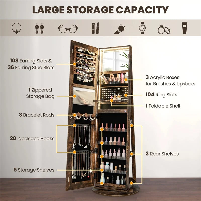 Eletriclife 360   Swivel Jewelry Cabinet Armoire with Full Length Mirror & 3-Color LED Lights