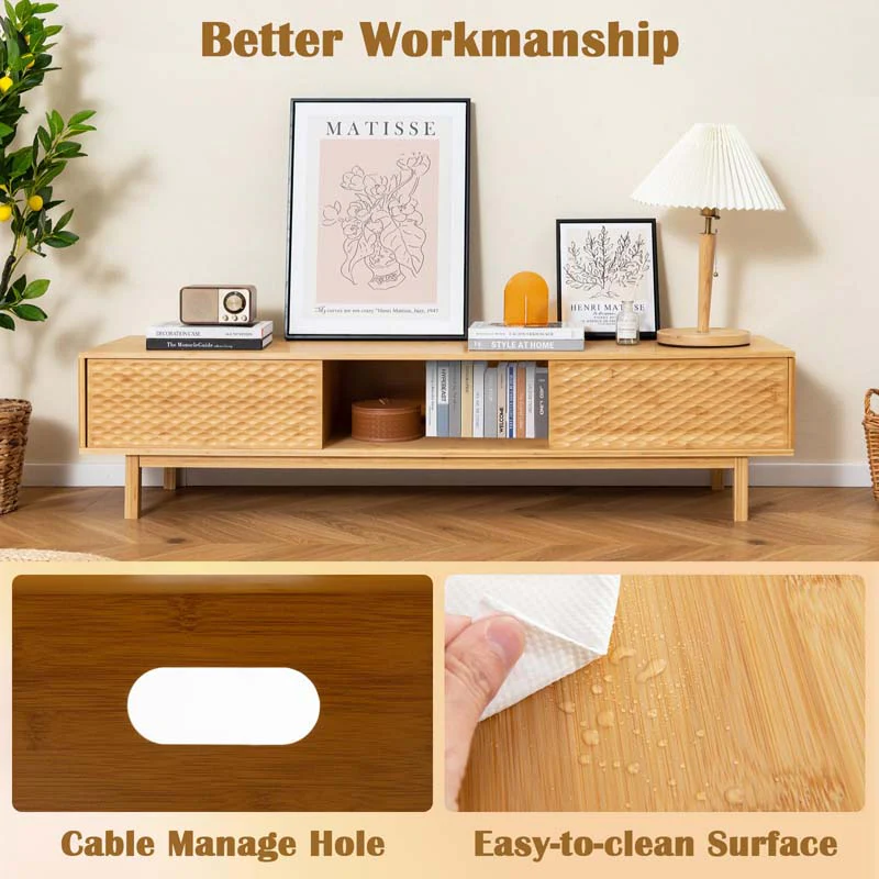 Eletriclife 63 Inches Mid Century Modern Bamboo TV Stand with Sliding Doors