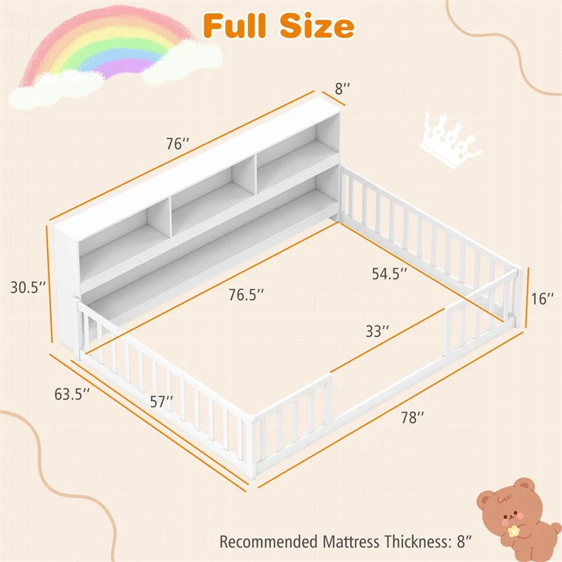 Eletriclife Full Size Montessori Floor Bed with Bookcase & Storage Shelves for Kids