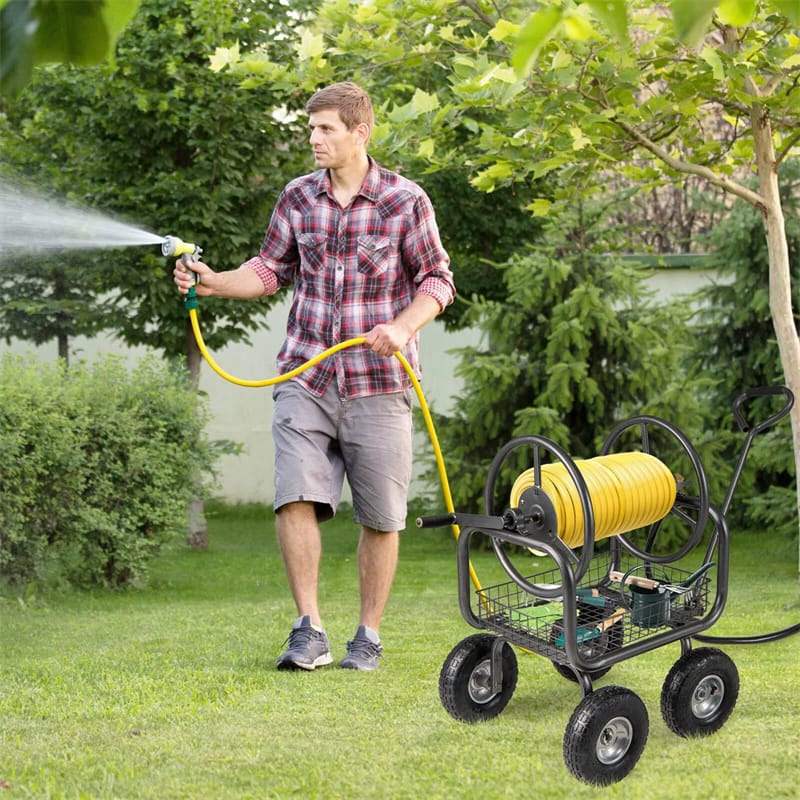 Eletriclife Heavy Duty Metal Garden Hose Reel Cart Holds 300FT of 5/8" Hose Capacity with Wheels & Storage Basket