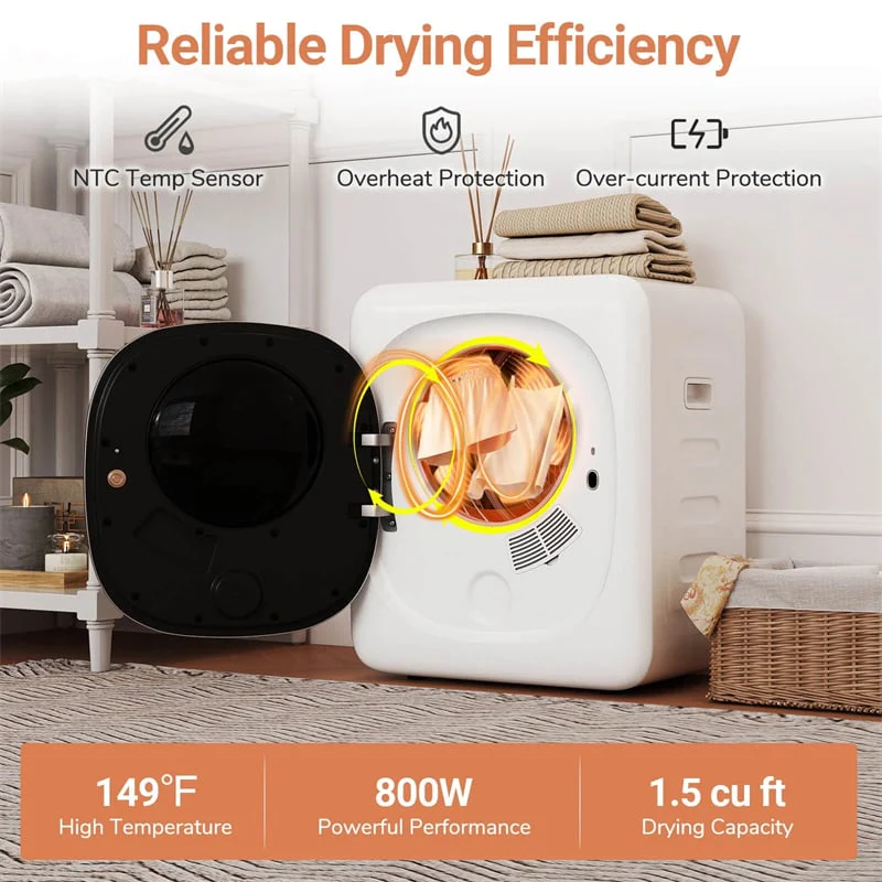 Eletriclife 1.5 cu.ft Portable Clothes Dryer 800W Compact Vented Tumble Dryer with Stainless Steel Tub & LED Touch Panel