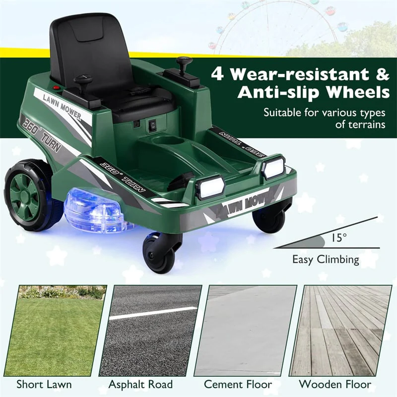 Eletriclife 12V Kids Ride-On Lawn Mower with 360   Twist & Turn, Dual Control Sticks, LED Lights for Toddlers Aged 3-8