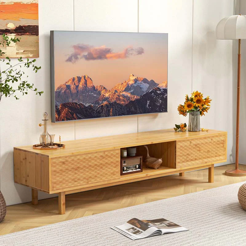Eletriclife 63 Inches Mid Century Modern Bamboo TV Stand with Sliding Doors