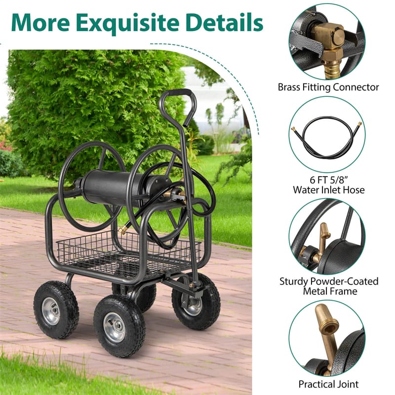Eletriclife Heavy Duty Metal Garden Hose Reel Cart Holds 300FT of 5/8" Hose Capacity with Wheels & Storage Basket