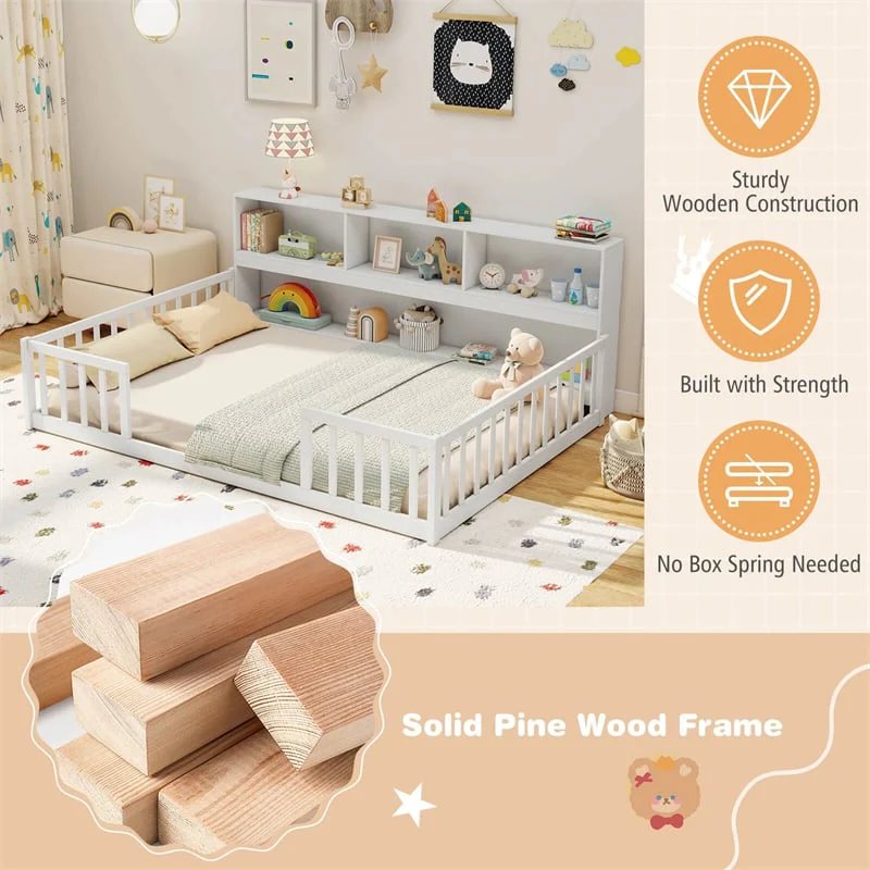 Eletriclife Full Size Montessori Floor Bed with Bookcase & Storage Shelves for Kids