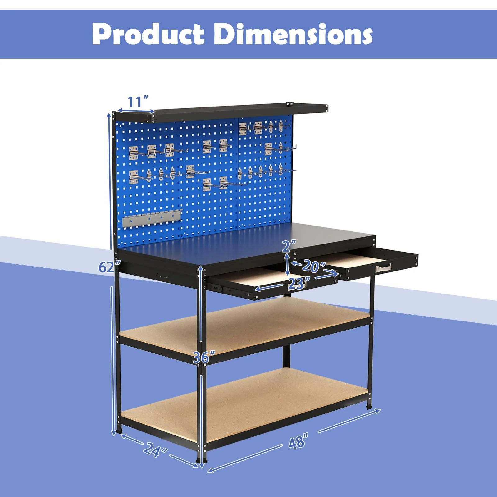 Eletriclife 48 x 24 Inch Workbench Work Table with Pegboard Drawer and Shelves