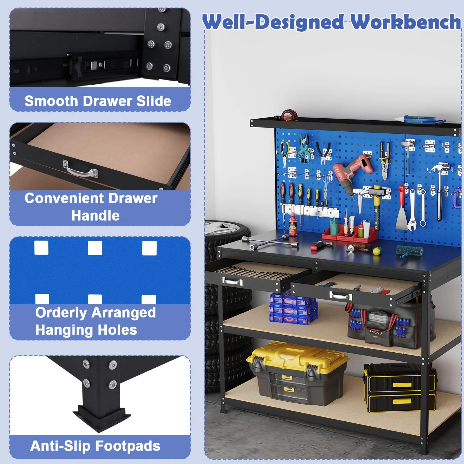 Eletriclife 48 x 24 Inch Workbench Work Table with Pegboard Drawer and Shelves