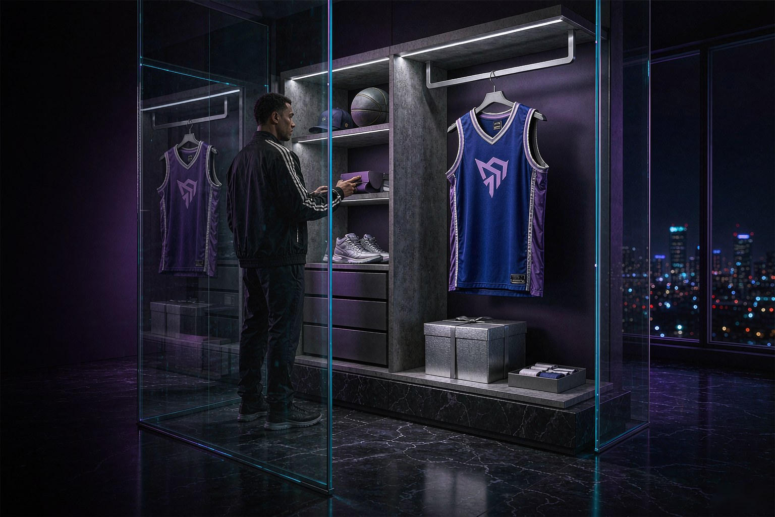 Premium basketball jersey collection displayed in a dark luxury wardrobe