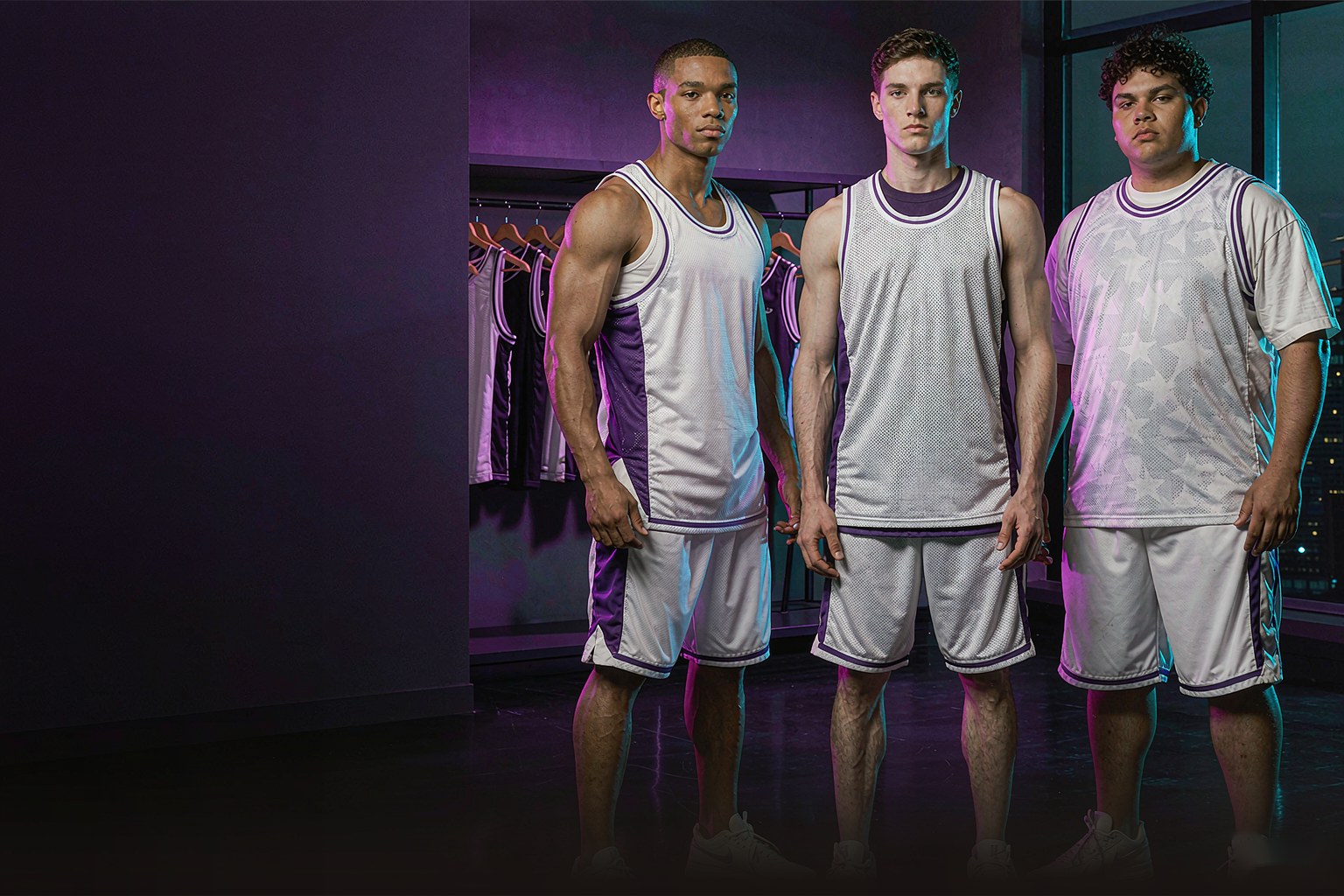 Three basketball fans wearing ProKit jerseys in fitted, regular and oversized cuts