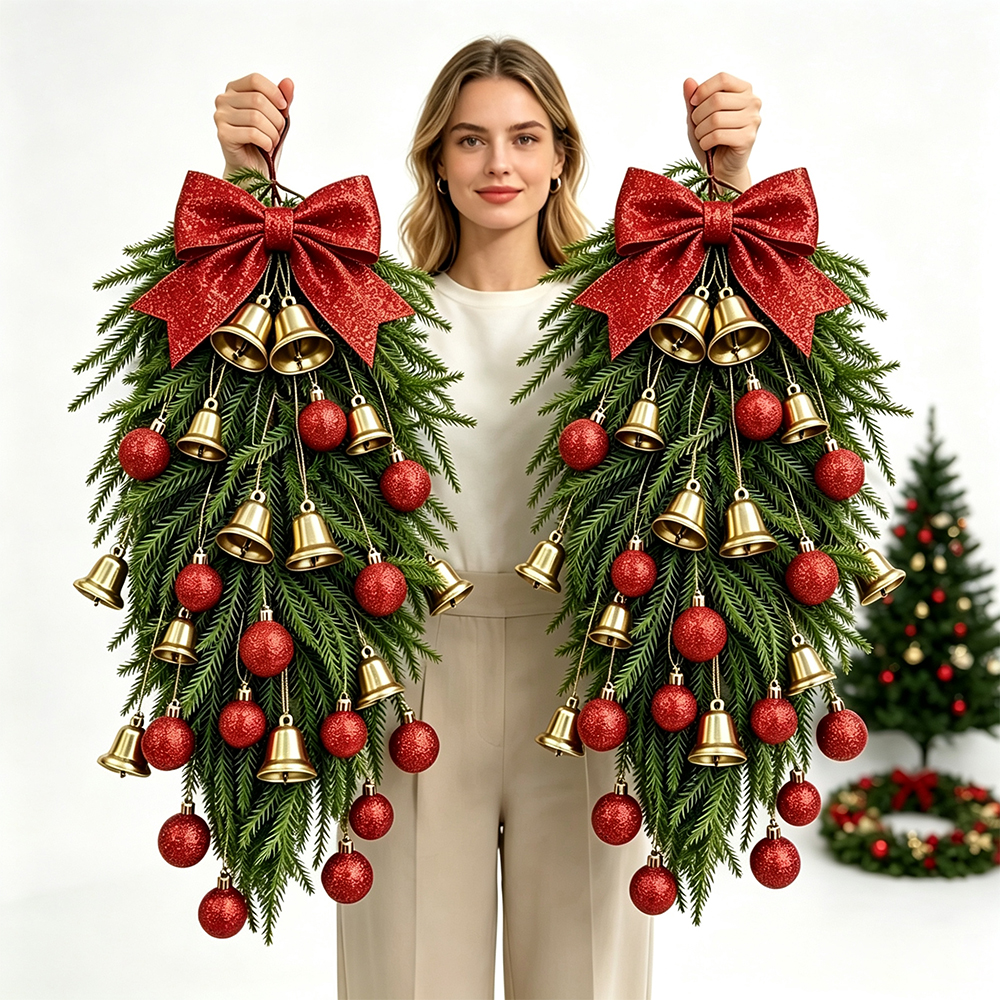 🔥2026 Christmas Sale 50% OFF | Christmas Wreath Teardrop Swag with Red Velvet Bow, Gold Bells & Ornaments