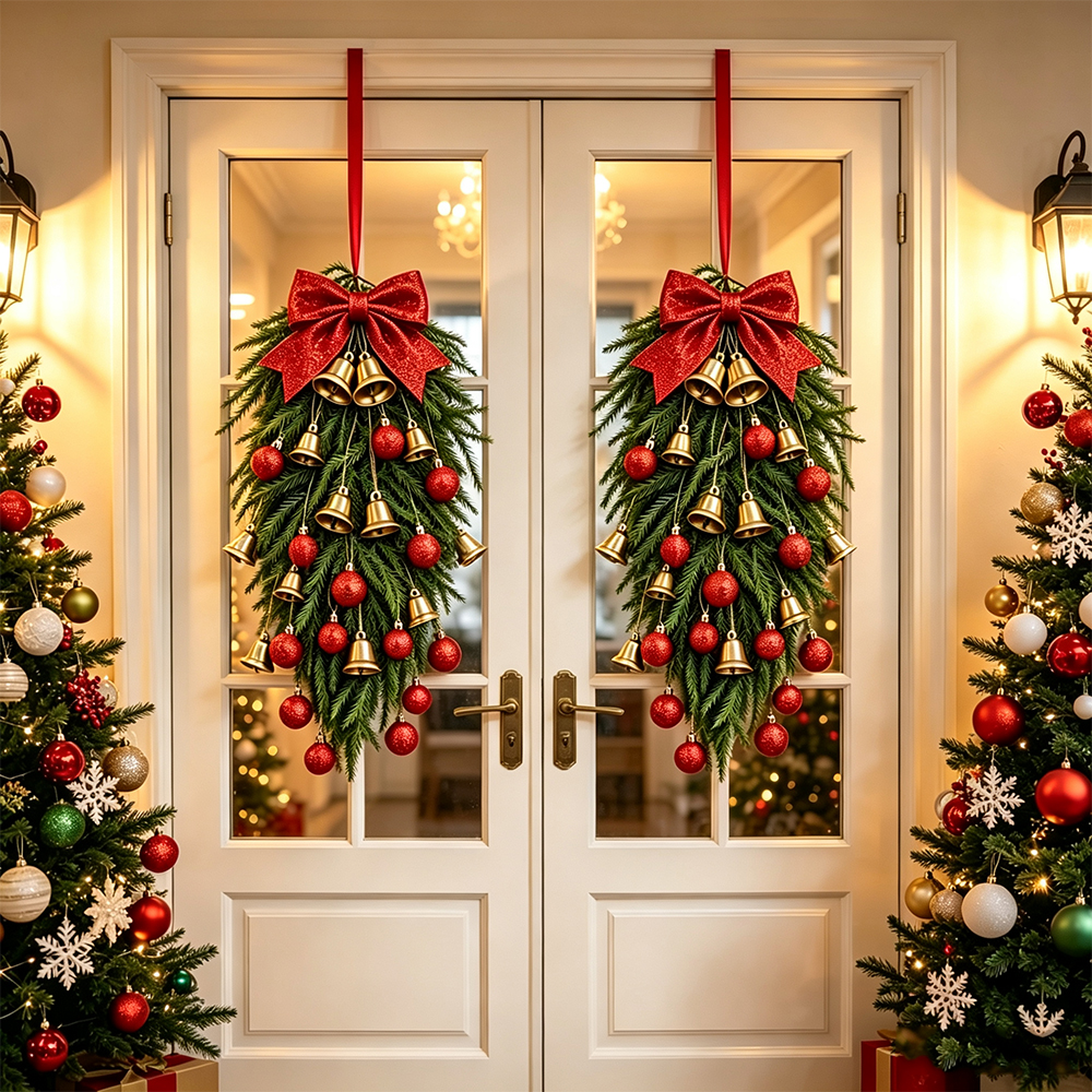 🔥2026 Christmas Sale 50% OFF | Christmas Wreath Teardrop Swag with Red Velvet Bow, Gold Bells & Ornaments