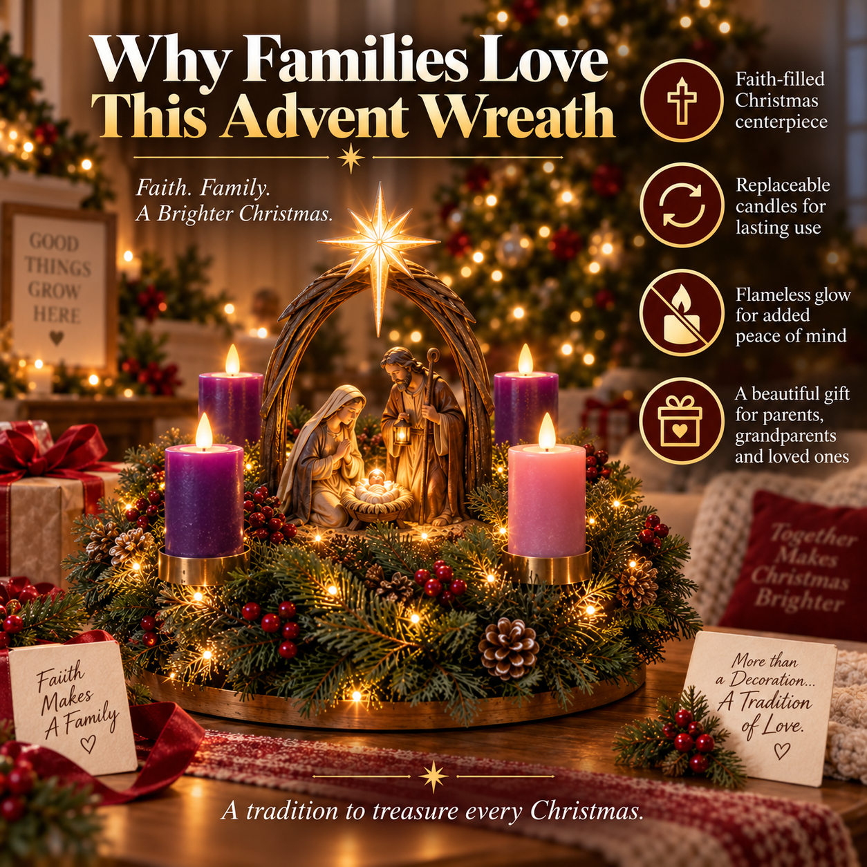 Advent wreath with replaceable candles for lasting use