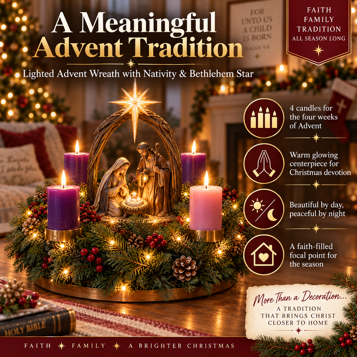Lighted Nativity Advent Wreath with Bethlehem Star