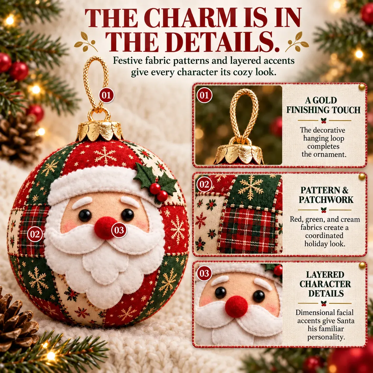 Close views of the finished Santa ornament showing patchwork fabric, stitching, layered face and hanging loop