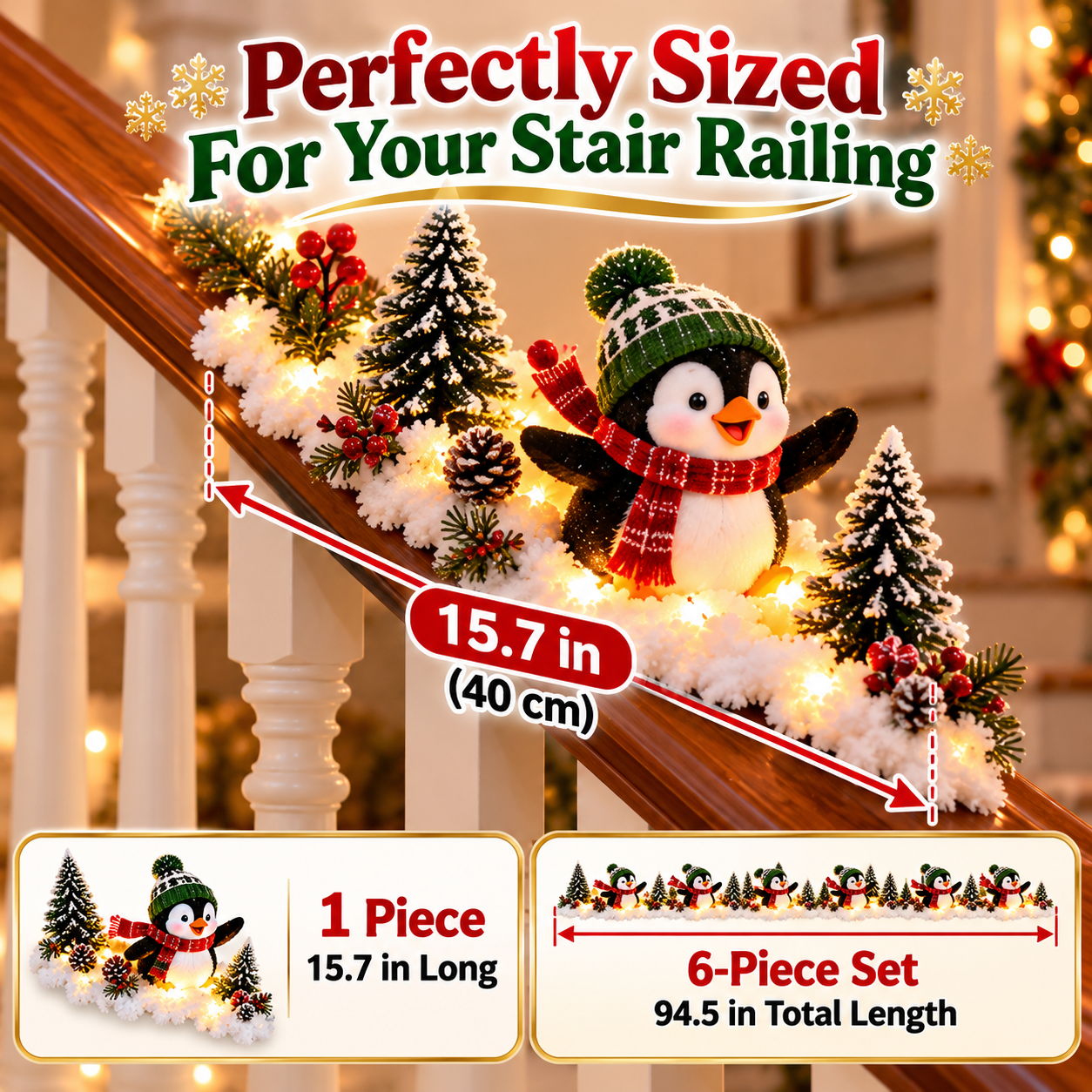 One penguin staircase decoration shown with an approximate 15.7 inch length