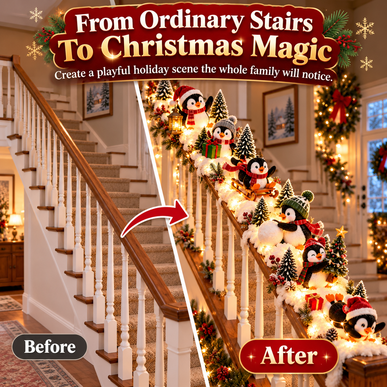 Before and after illustration of a staircase decorated with Christmas penguins