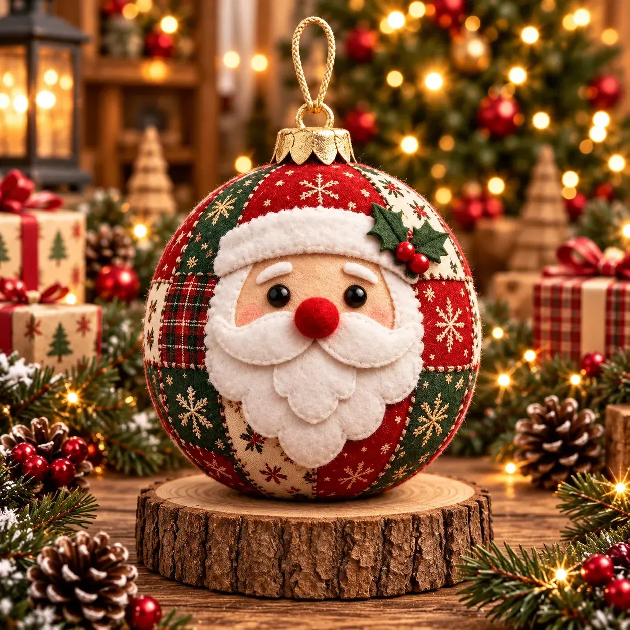 Cozy Santa finished patchwork ornament design