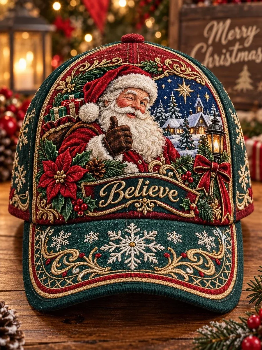 Santa Claus Believe design in evergreen, red and gold on a Christmas baseball cap