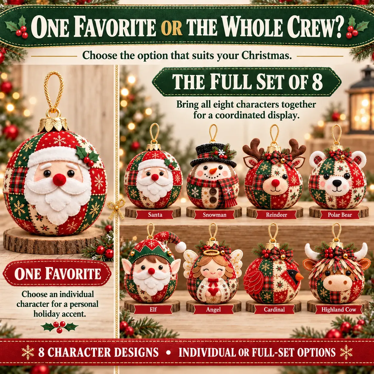 Option overview showing one character or the full collection of eight finished design examples