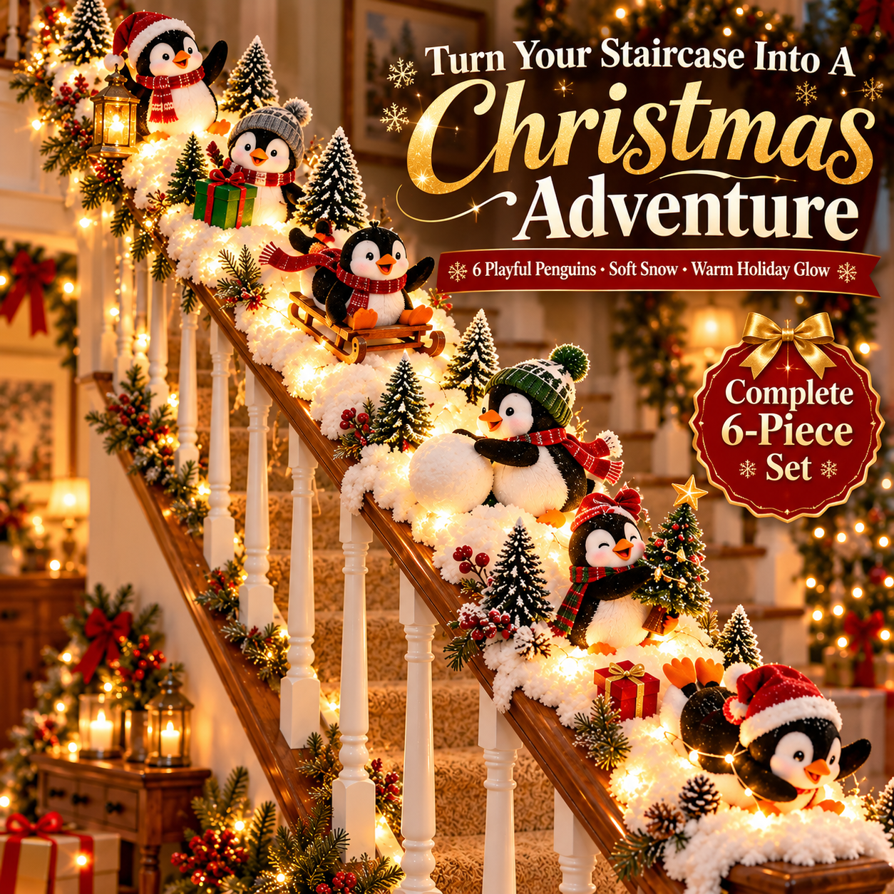 Six Christmas penguin decorations arranged along a staircase railing