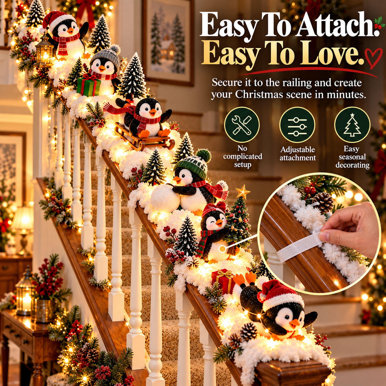 Close-up illustration showing how a penguin decoration is attached to a stair railing