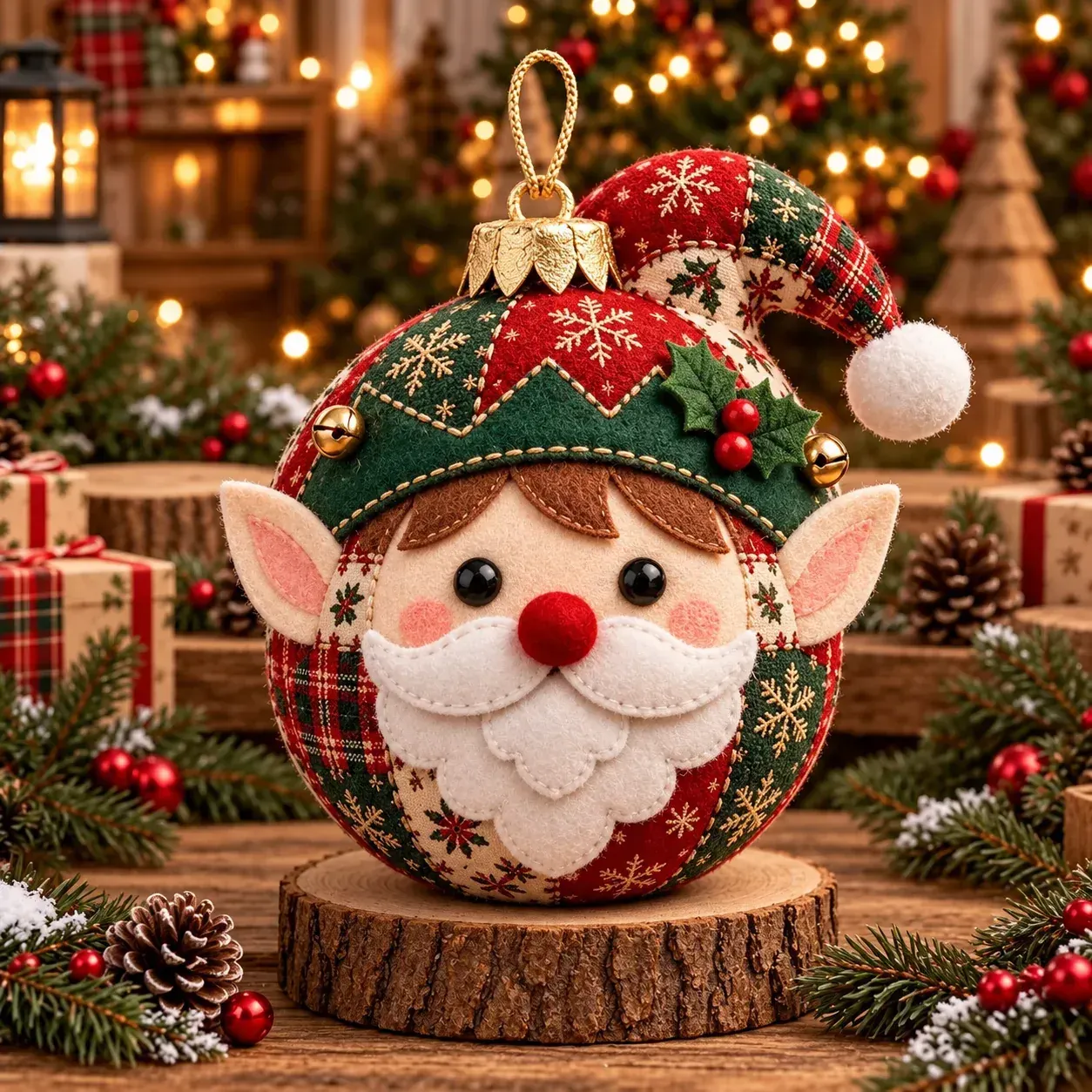 Jolly Elf finished patchwork ornament design