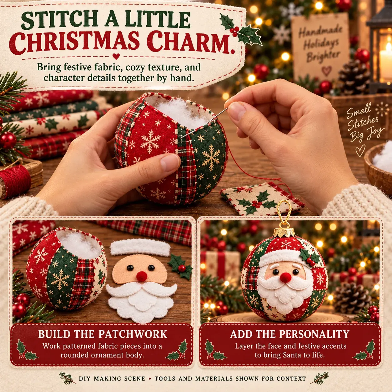 Hands stitching a patchwork Christmas ornament, with body pieces and finished Santa design shown