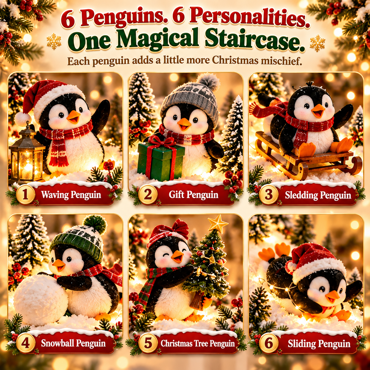 The six illustrated Christmas penguin styles in the set