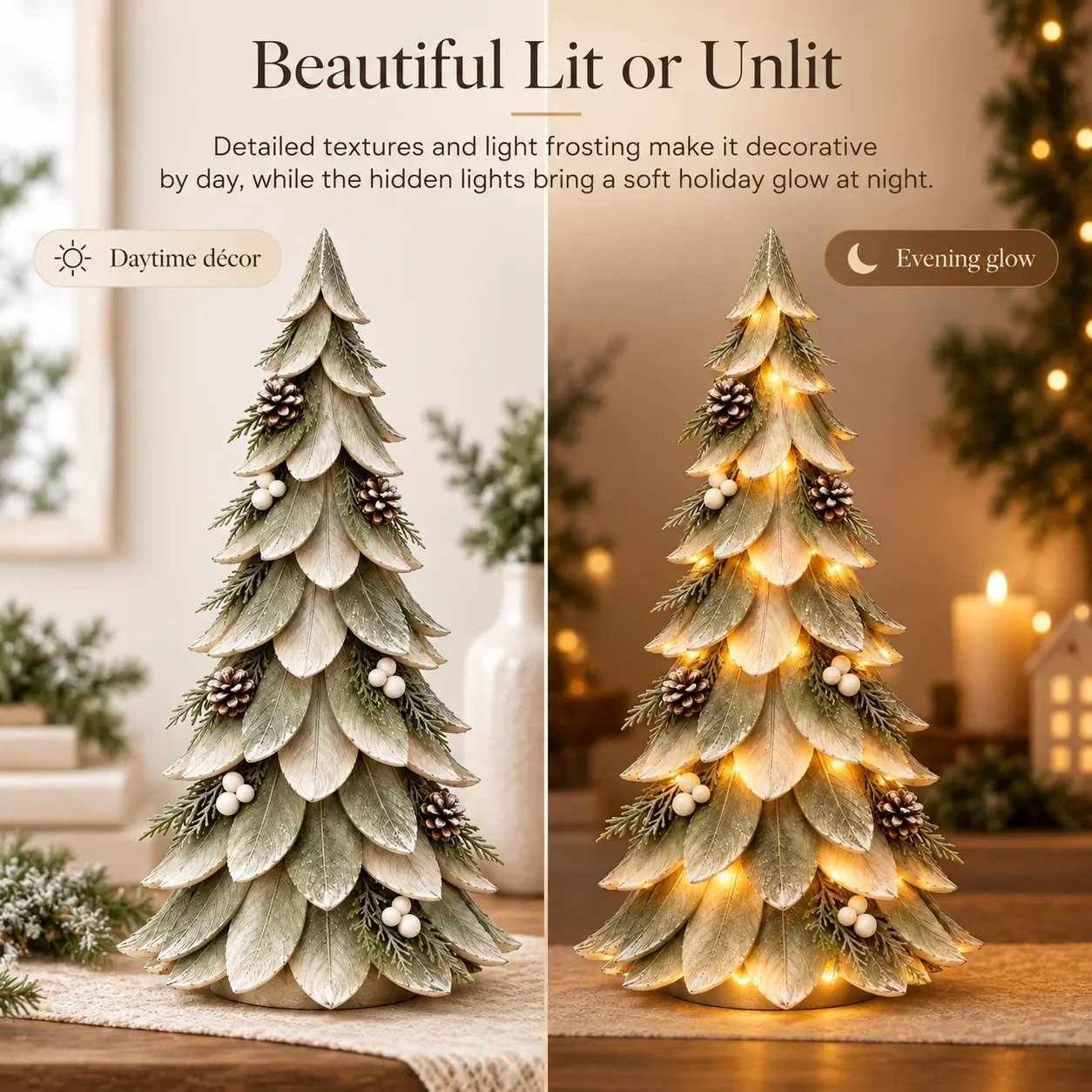 Winterleaf Glow Christmas Tree lit and unlit comparison