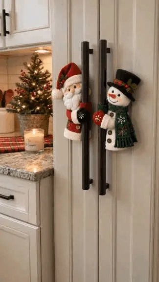 Animated demonstration of positioning the plush characters and wrapping their arms around refrigerator handles