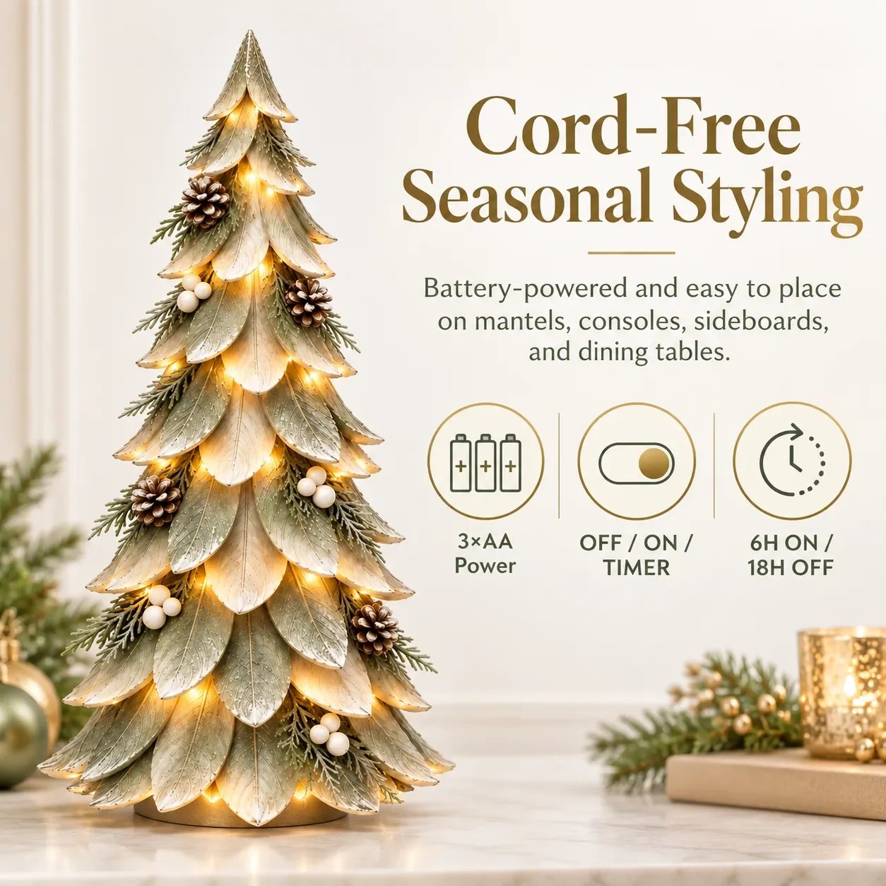 Cord free battery powered Christmas tree with timer