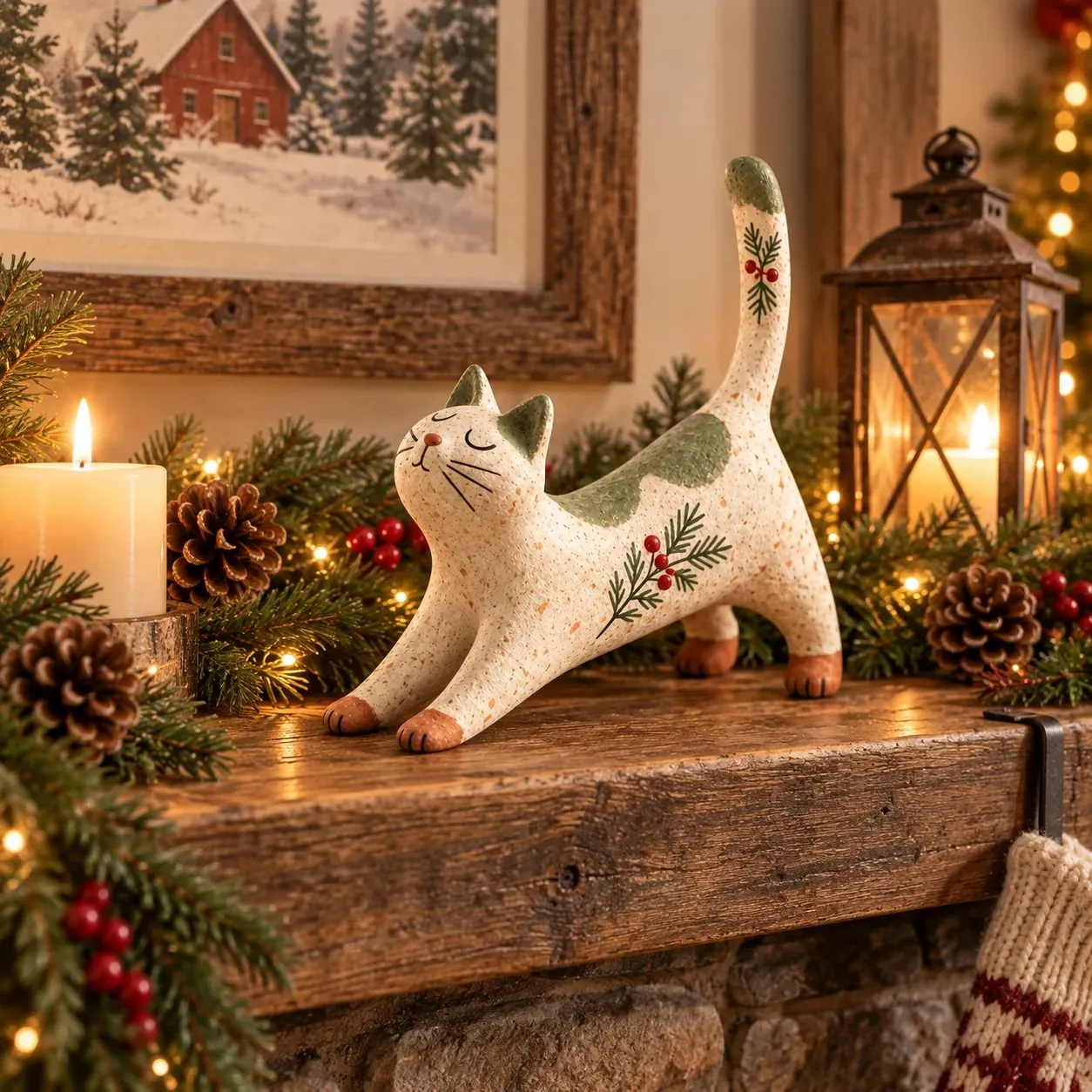 Woodland Christmas cat figurine with rustic finish
